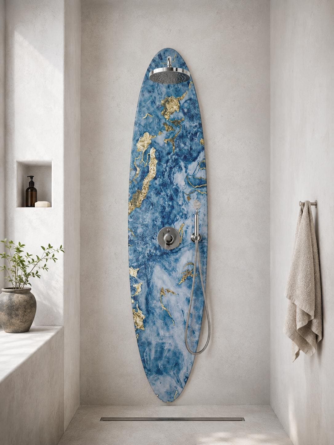 Handmade Surfboard Shower Panel – Golden Ocean Marble Design