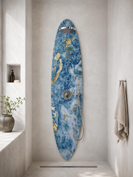 Handmade Surfboard Shower Panel – Golden Ocean Marble Design