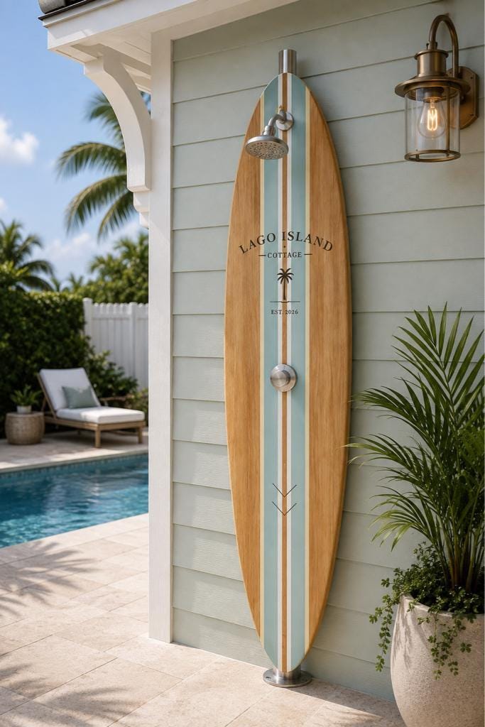 Surfboard Outdoor Shower Panel – Vintage Coastal Garden Wall Shower