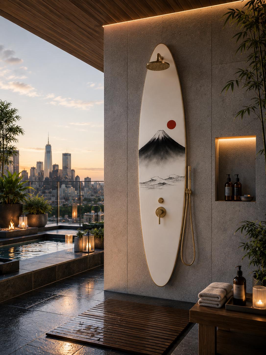Mount Fuji Shower Panel – Zen Outdoor Shower | Japandi Garden & Spa Decor