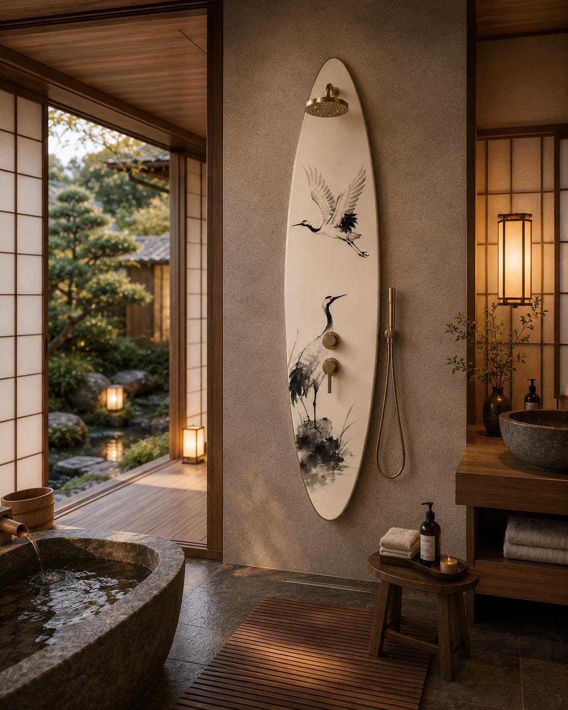 Japanese Crane Shower Panel – Zen Outdoor Shower | Japandi Spa Wall Decor