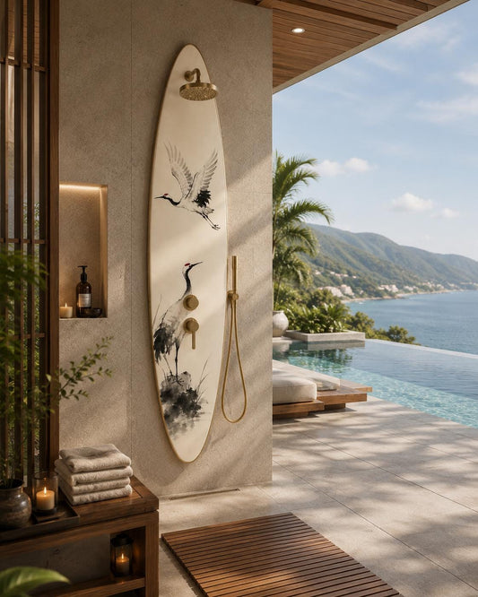 Japanese Crane Shower Panel – Zen Outdoor Shower | Japandi Spa Wall Decor