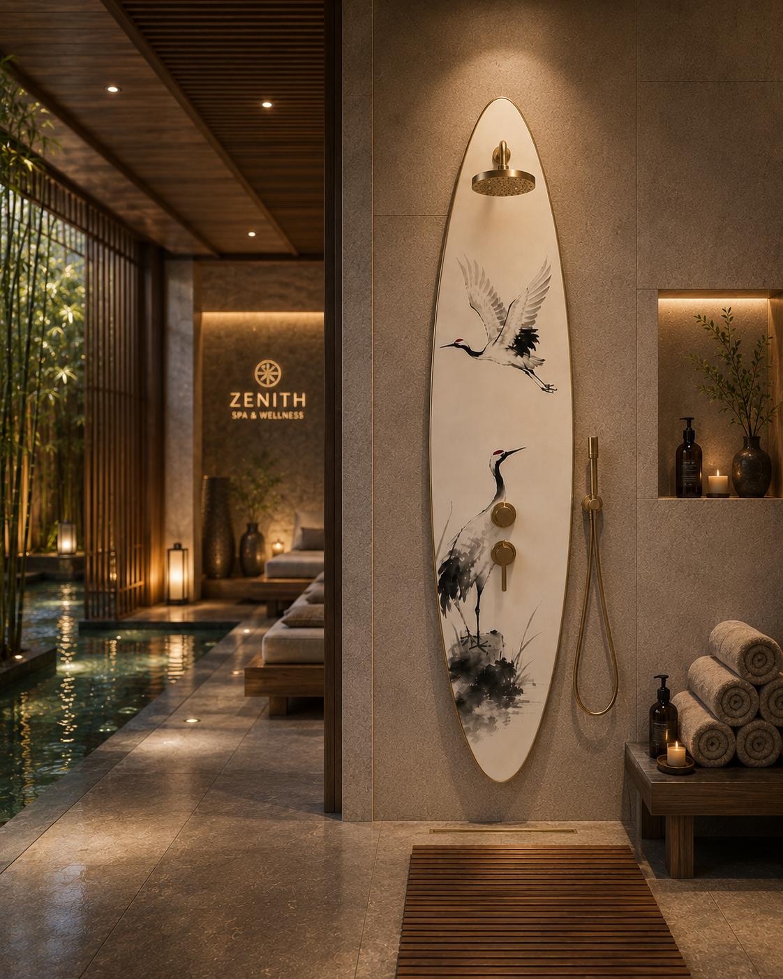 Japanese Crane Shower Panel – Zen Outdoor Shower | Japandi Spa Wall Decor