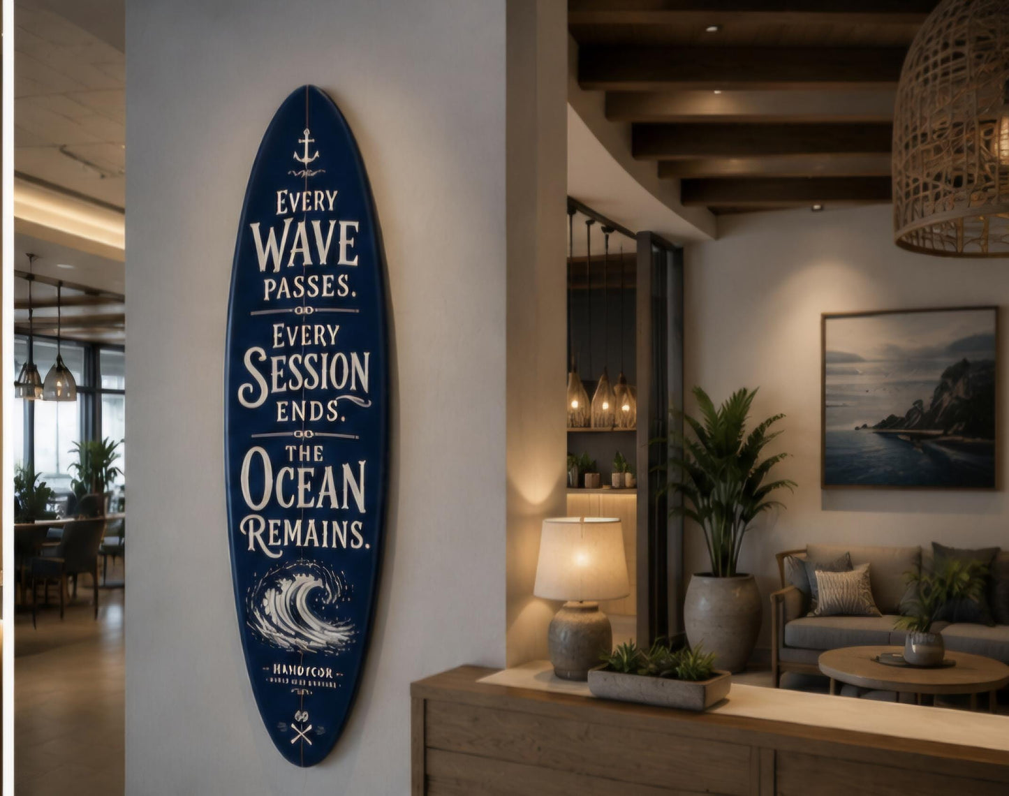 Handcrafted Surfboard Wall Decor – Coastal Beach House Art – Ocean Quote Sign