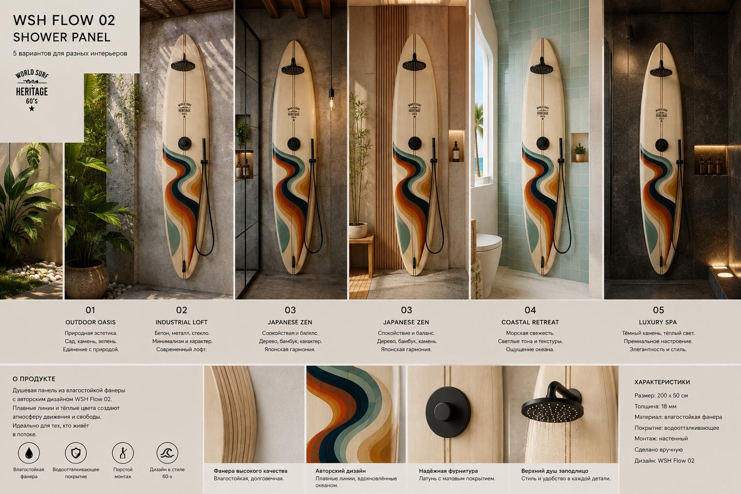 Retro Surfboard Shower Panel – Flow – World Surf Heritage Collection – Luxury Pool Shower