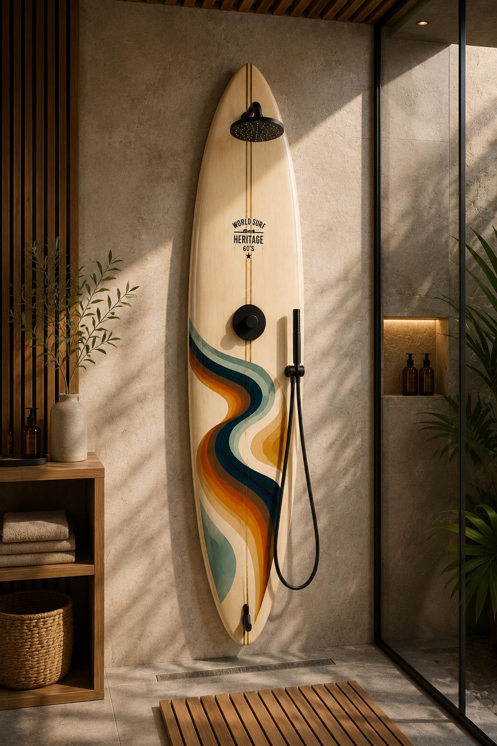 Retro Surfboard Shower Panel – Flow – World Surf Heritage Collection – Luxury Pool Shower