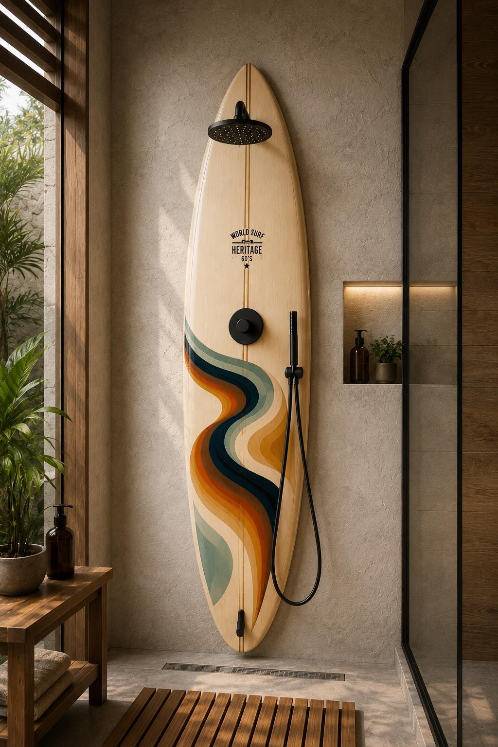 Retro Surfboard Shower Panel – Flow – World Surf Heritage Collection – Luxury Pool Shower