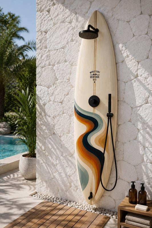 Retro Surfboard Shower Panel – Flow – World Surf Heritage Collection – Luxury Pool Shower
