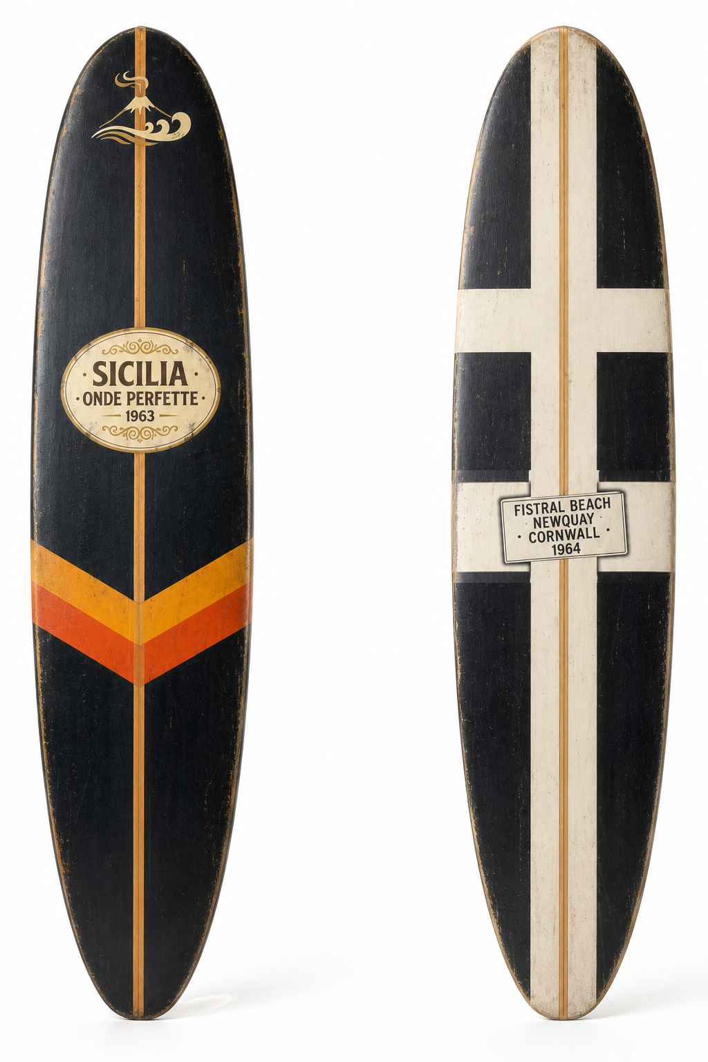 80 inch Sicilia 1963 + Fistral Beach 1964 boards, Surf Heritage Set. – Handcrafted Coastal Decor by Handycor