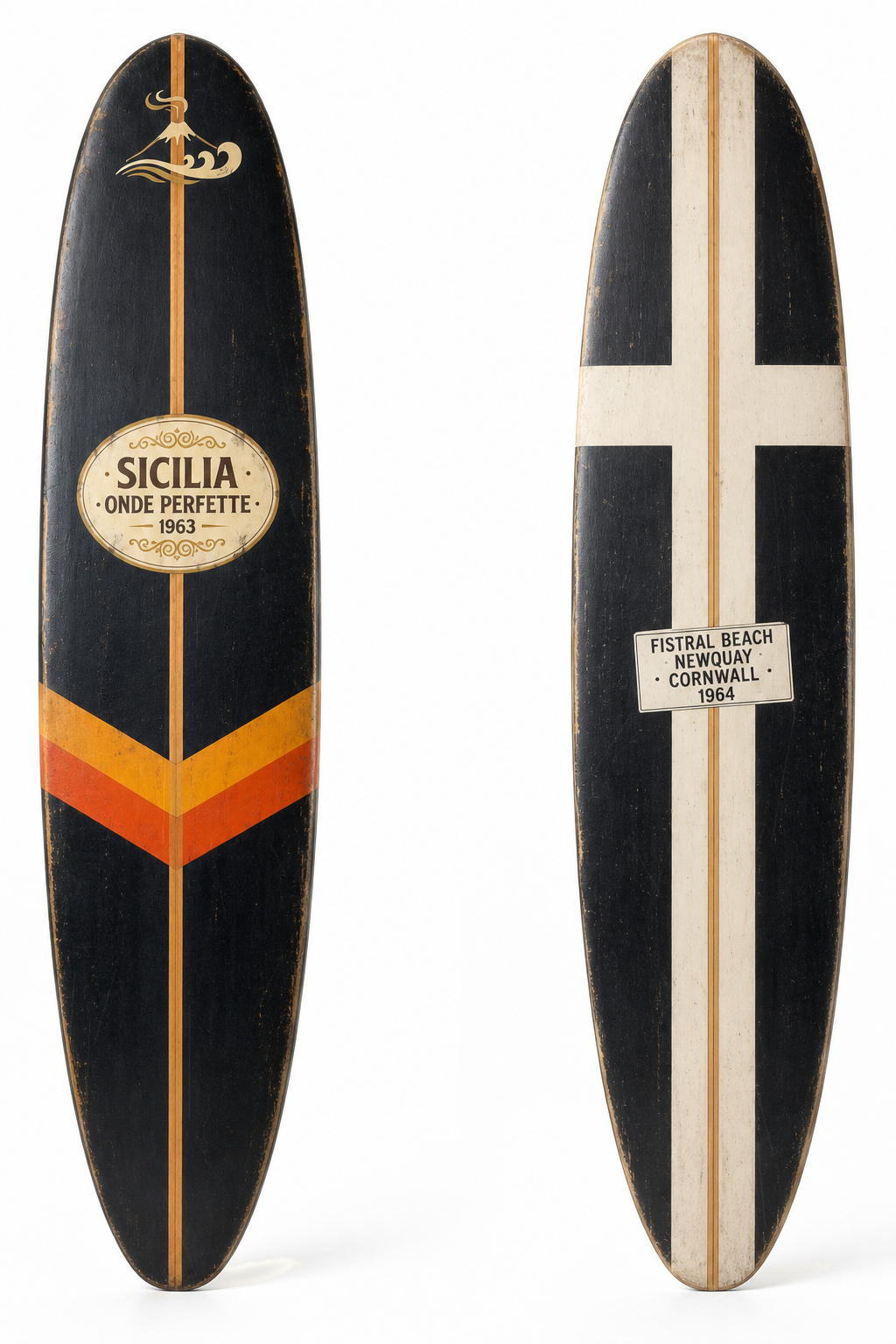 80 inch Sicilia 1963 + Fistral Beach 1964 boards, Surf Heritage Set. – Craftsmanship & Material Detail | Handycor