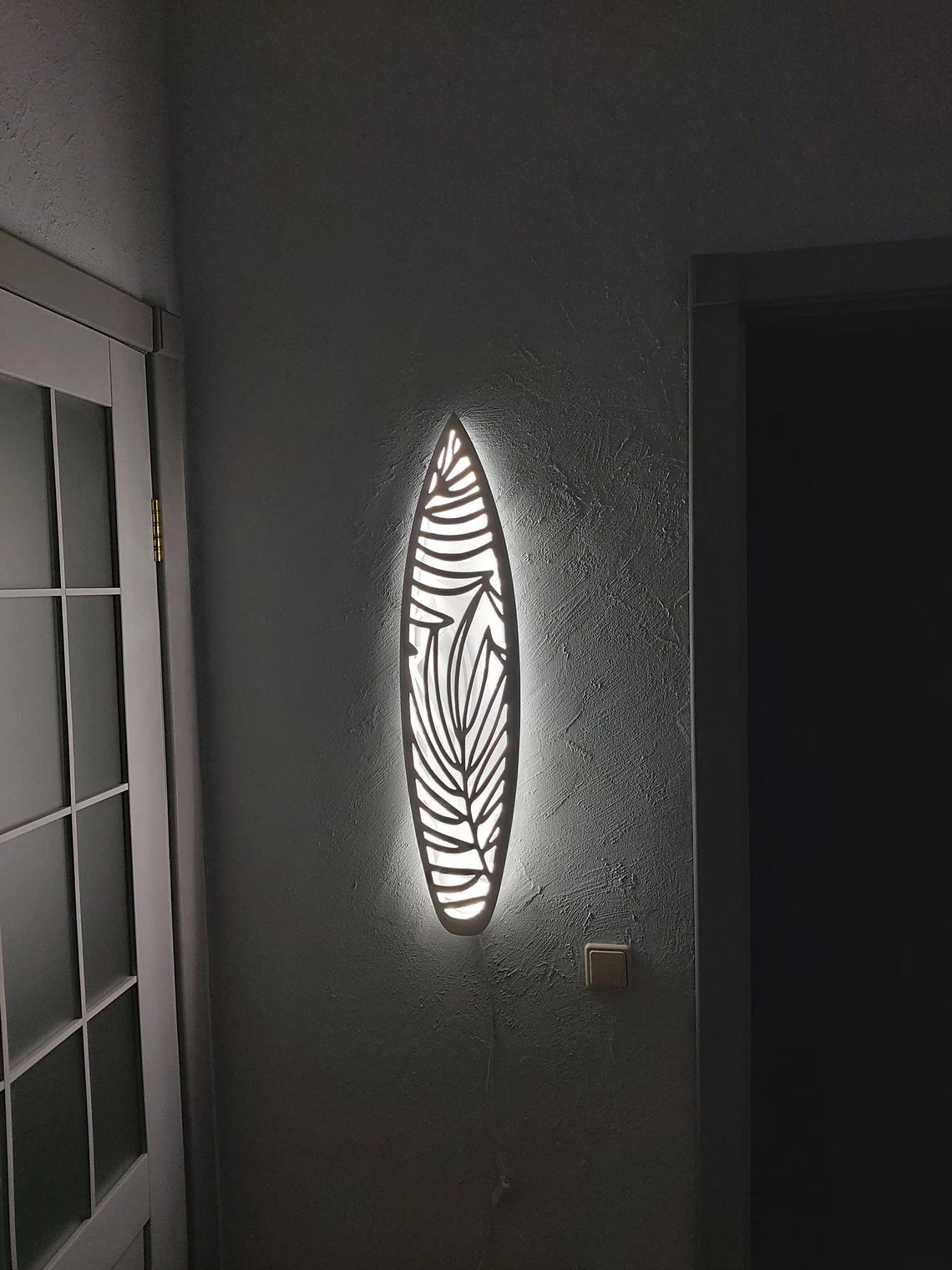Surfboard Inspired Wall LED Light: White Wooden Lighting Fixture with Botanical Pattern for Accent Home Decor