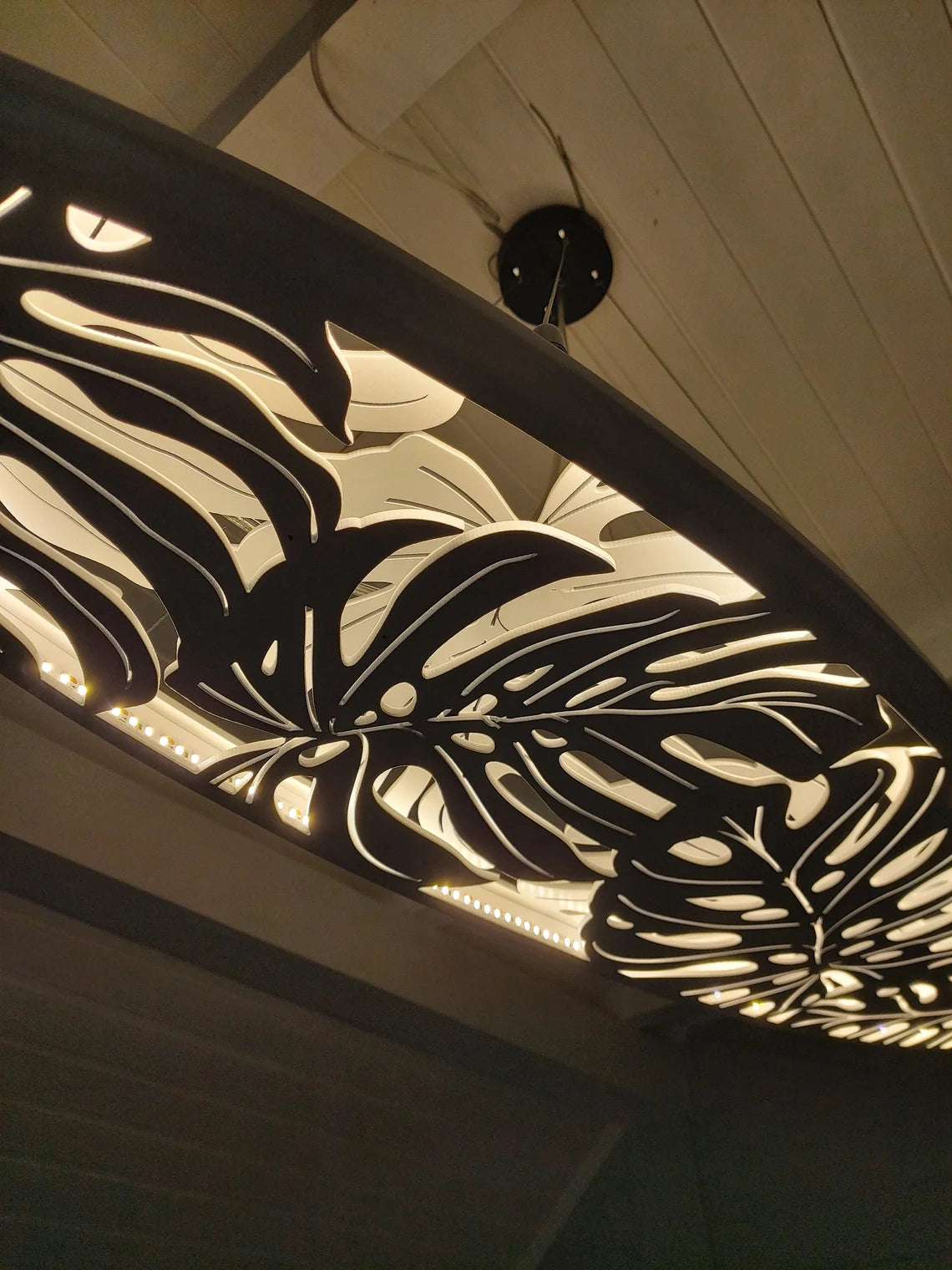 Surfboard Shaped Ceiling Chandelier with Monstera Leaf Carving