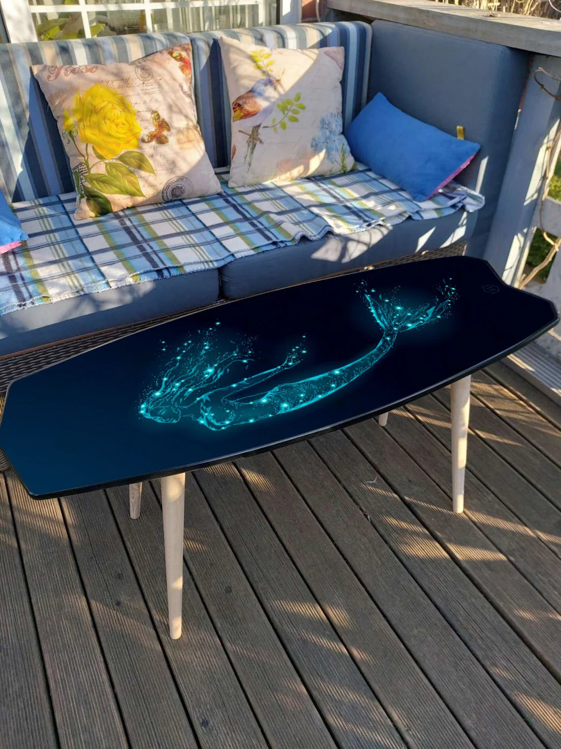 Fish Surfboard Inspired Wooden Surf Table with Mermaid Pattern
