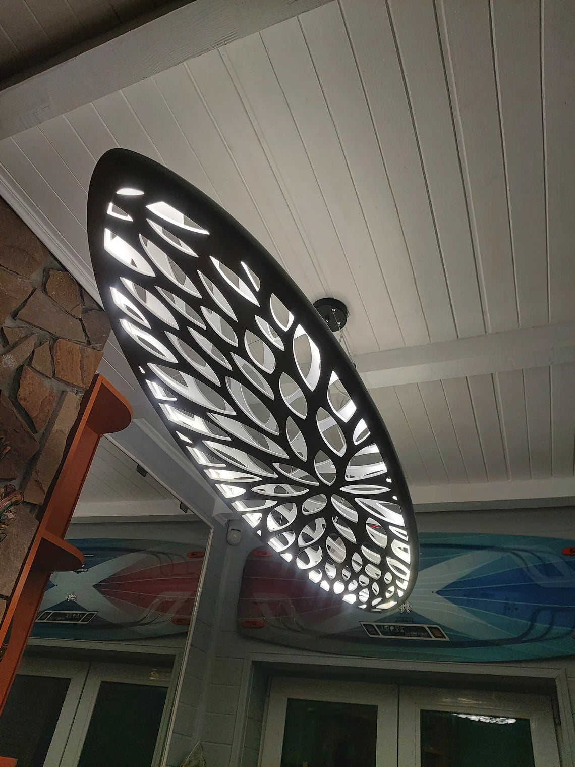 Wood LED Light - Surfboard Ceiling Chandelier With Leaves Carving
