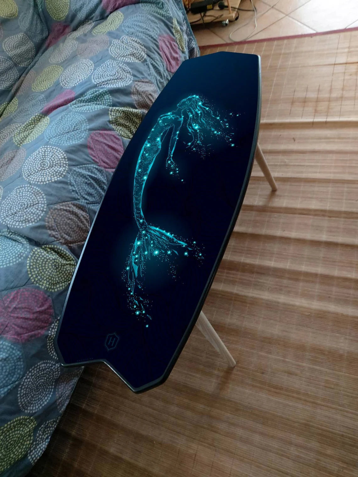 Fish Surfboard Inspired Wooden Surf Table with Mermaid Pattern