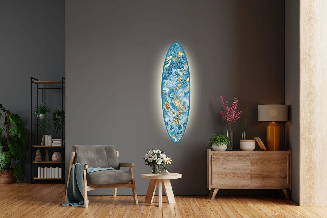Surfboard-Shape Wall Led Light with Ccean Wave Realistic Print: Surfing Inspired Wooden Blue-White Lighting Fixture as Unique Nautical Decor