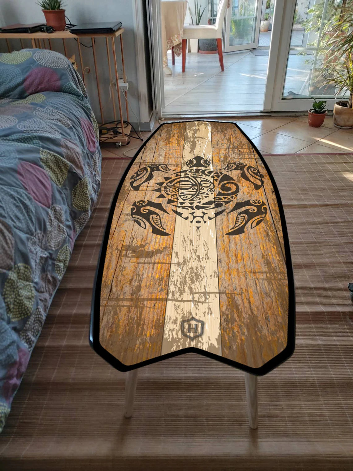 Surfboard Table with Polygonal Pattern