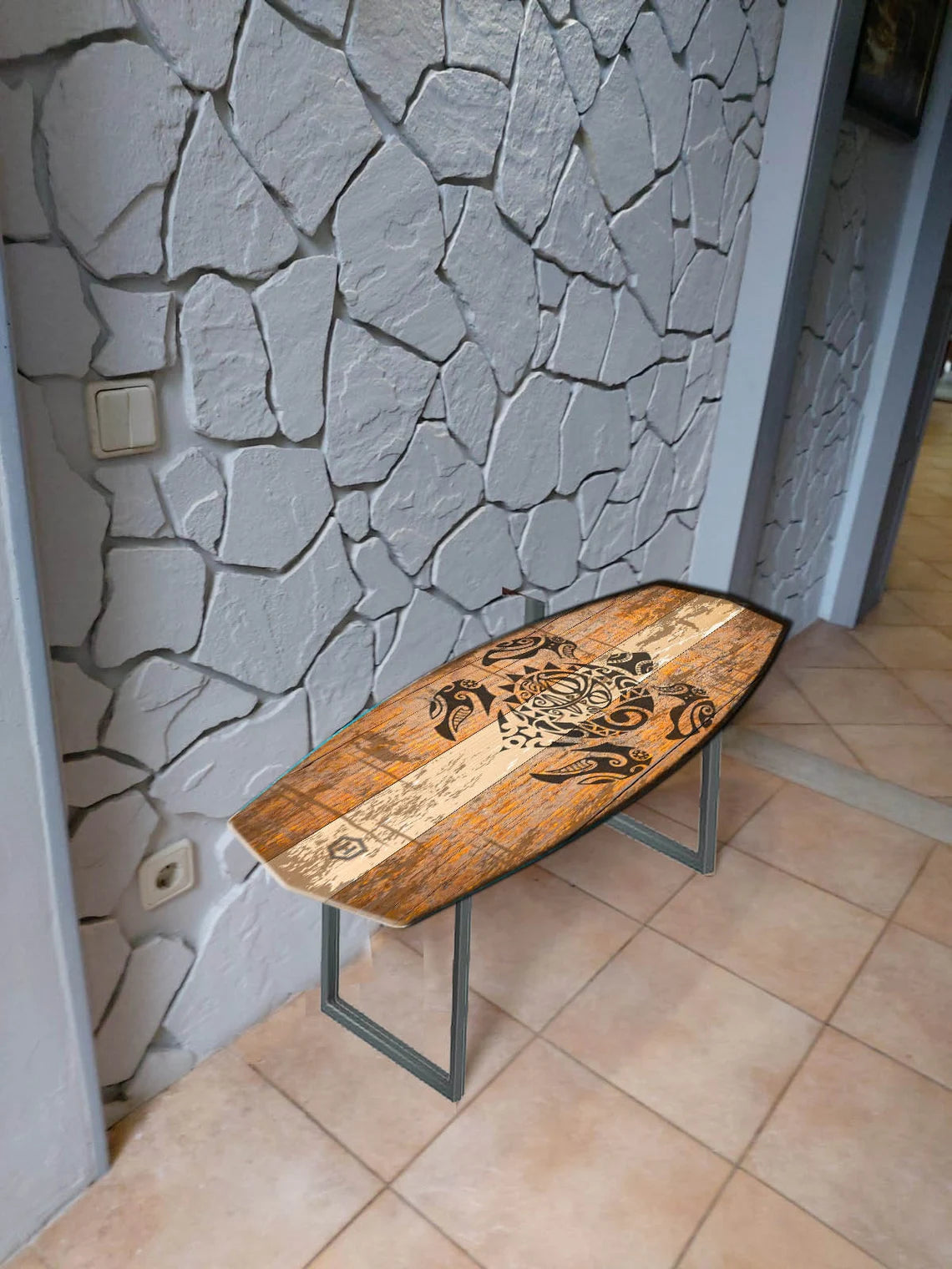 Exquisite Indoor Surf Decor Bench: Maori-inspired Patterns and Massive Metal Legs