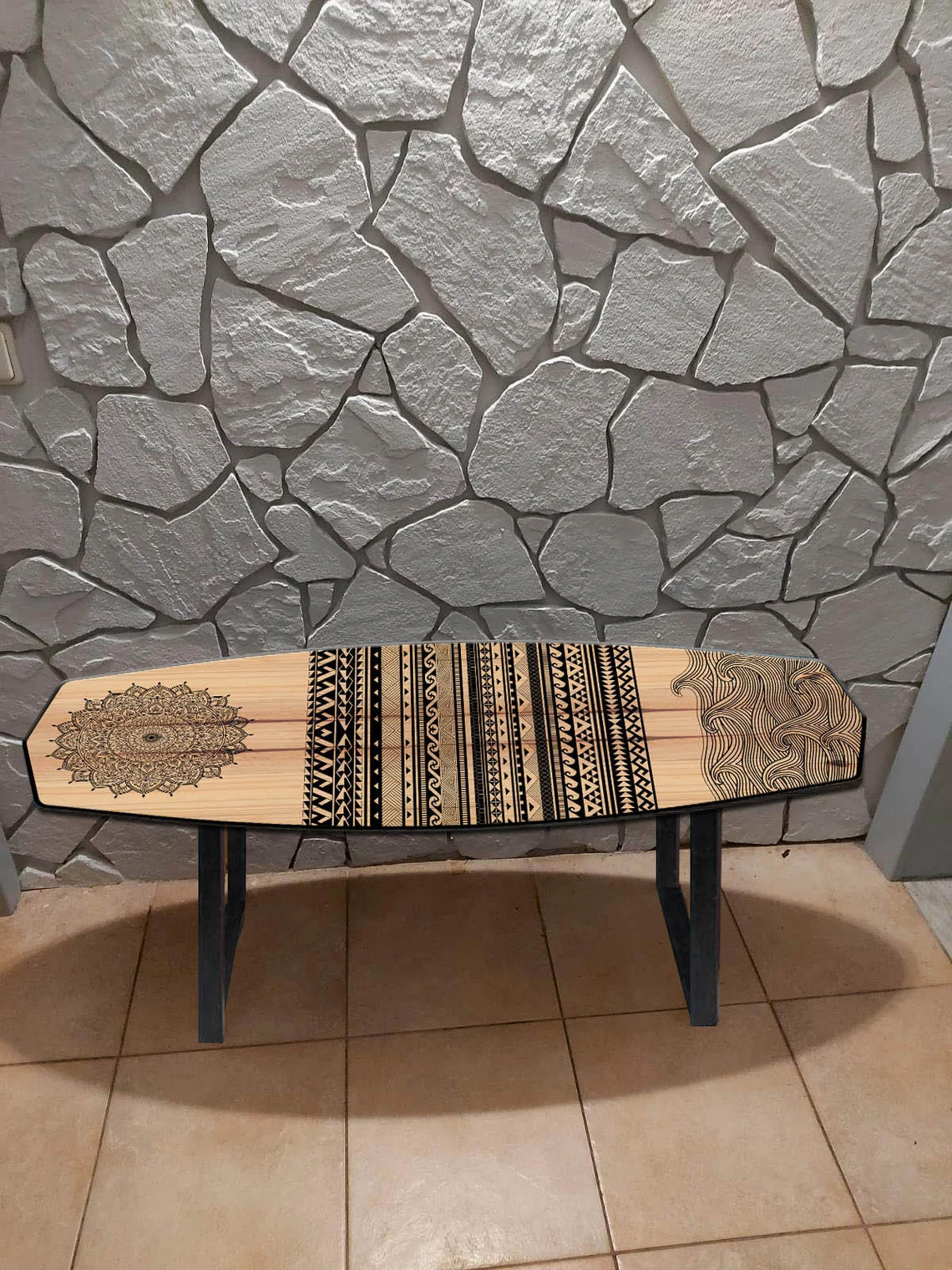 Exquisite Indoor Surf Decor Bench: Maori-inspired Patterns and Massive Metal Legs