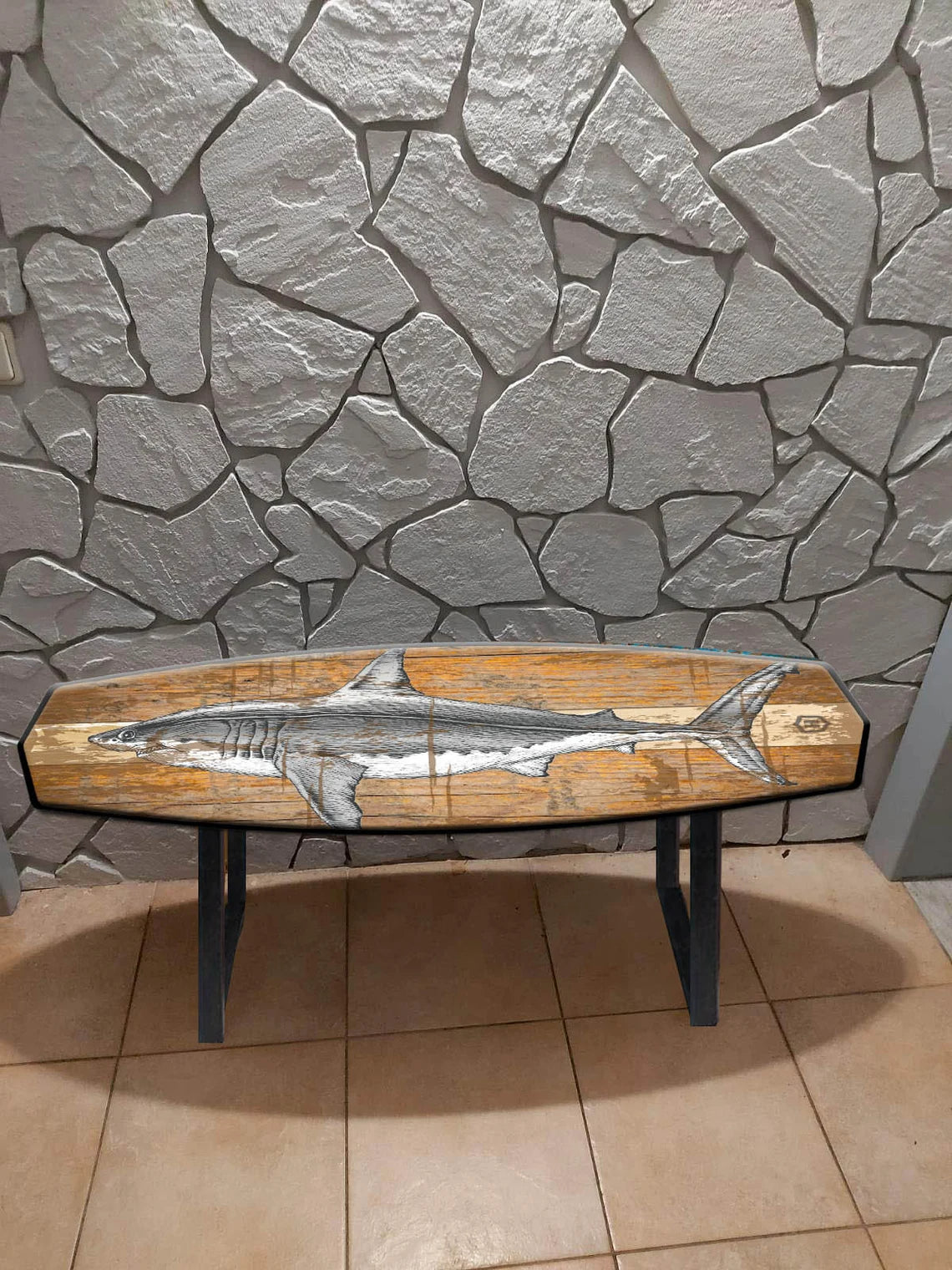 Surf-Inspired Handmade Wooden Bench with Massive Metal Legs and Squid Pattern