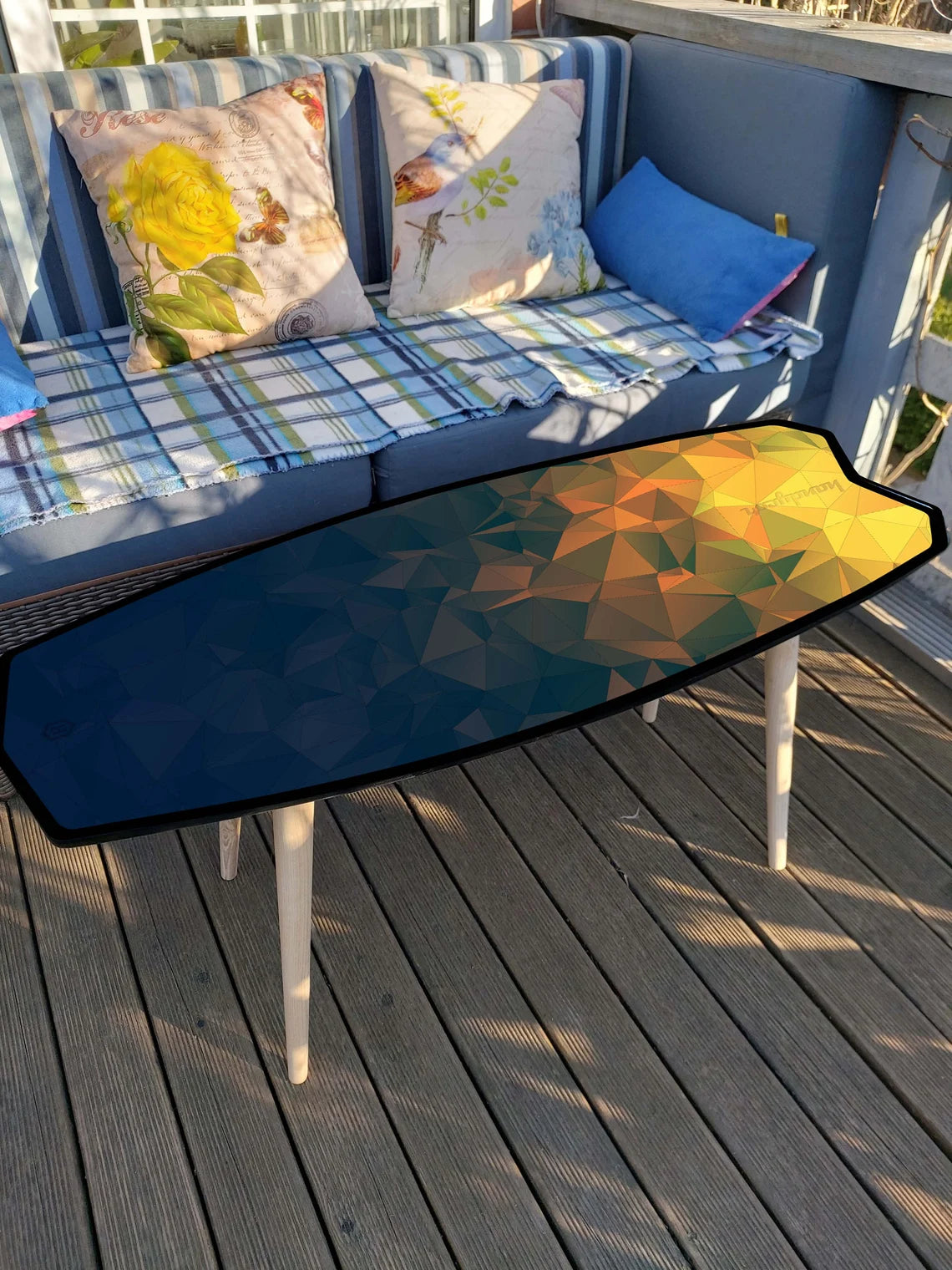 Surfboard Table with Polygonal Pattern