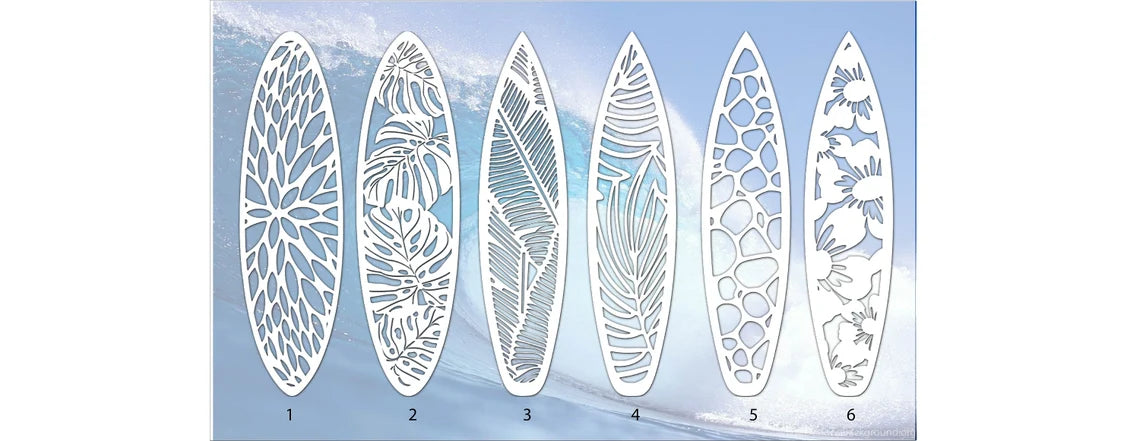 Surfboard Shaped Ceiling Chandelier with Monstera Leaf Carving