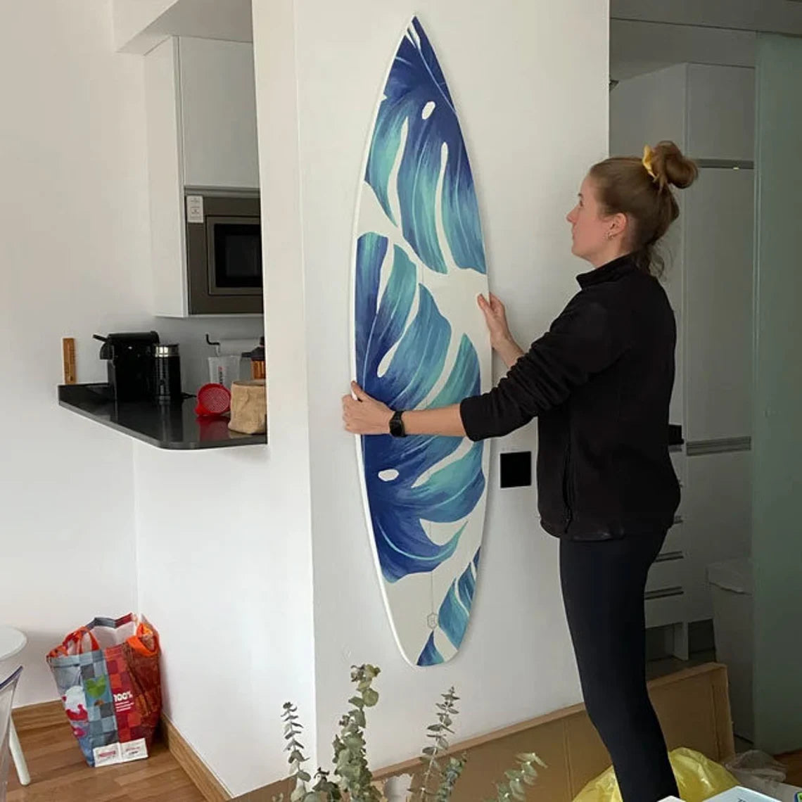 Wooden Surfboard Wall Art, Surfers gift, Monstera, Tiki, Tropic, Bar Decor, Beach Decor