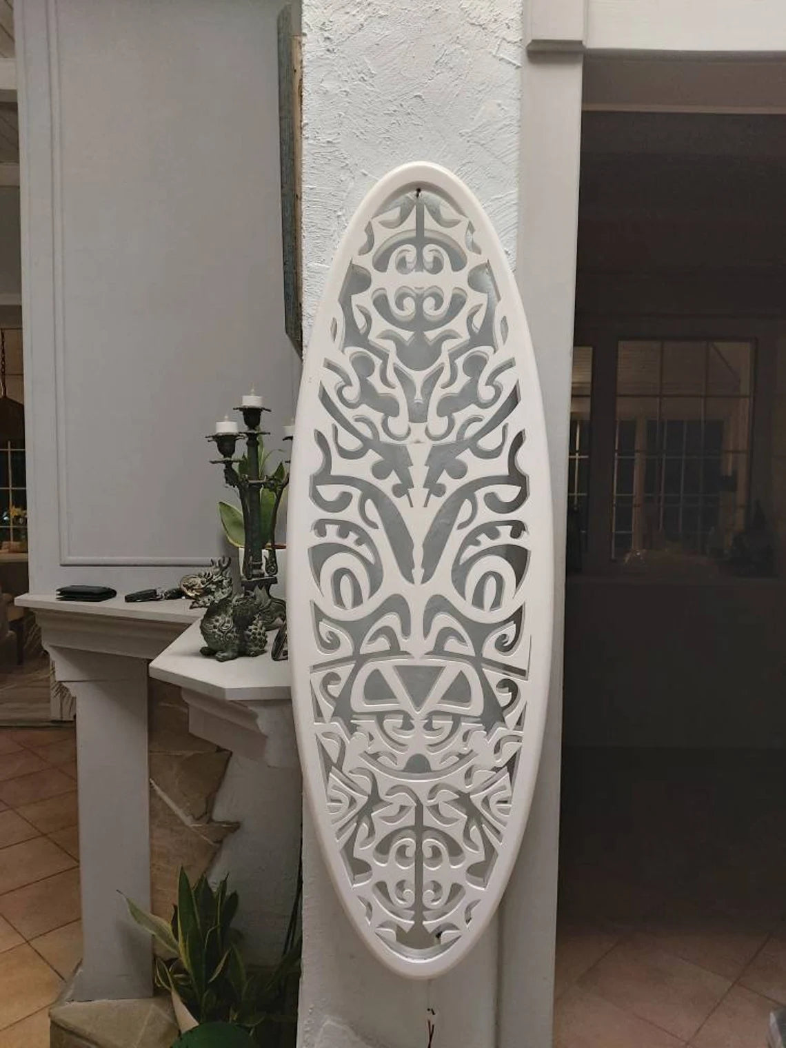 Surfboard LED Ceiling Light with Maori Style Carving