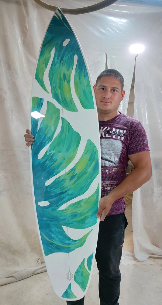 Decorative Surfboard Wall Hanging: Handmade Surfboard in White Color With Green Monstera Leaves Pattern for Indoor or Outdoor Decor