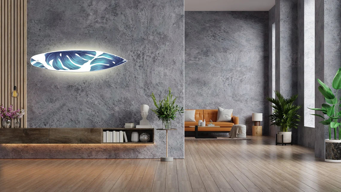 Surfboard-Shape Wall Led Light With Monstera Realistic Print: Surfing Inspired Wooden Blue-White Lighting Fixture as Unique Decor