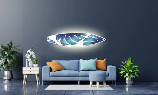 Surfboard-Shape Wall Led Light With Monstera Realistic Print: Surfing Inspired Wooden Blue-White Lighting Fixture as Unique Decor
