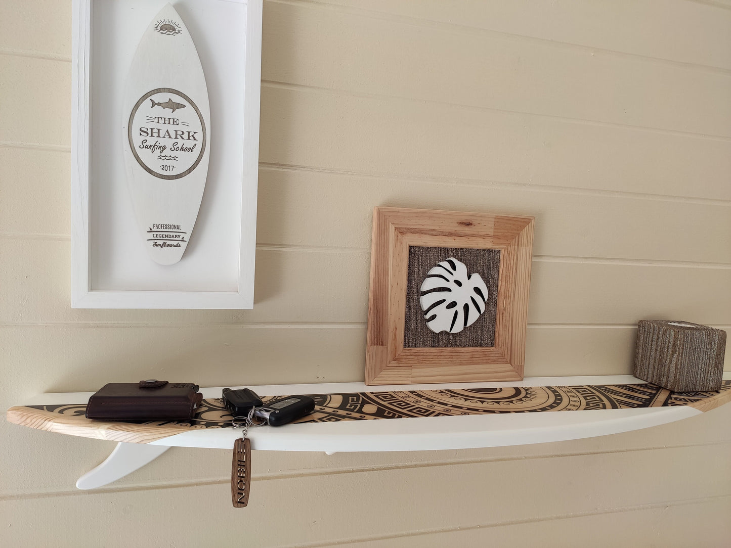 Surfing Board Inspired Floating Shelf: White with Black Graphic Print Wooden Wall Shelving for Stylish Wall Decoration