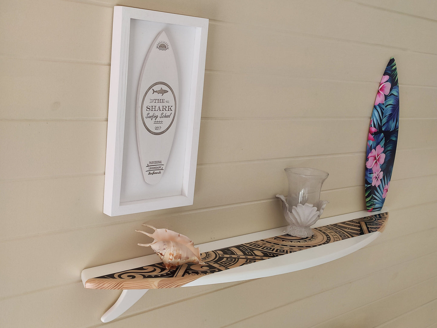 Surfing Board Inspired Floating Shelf: White with Black Graphic Print Wooden Wall Shelving for Stylish Wall Decoration