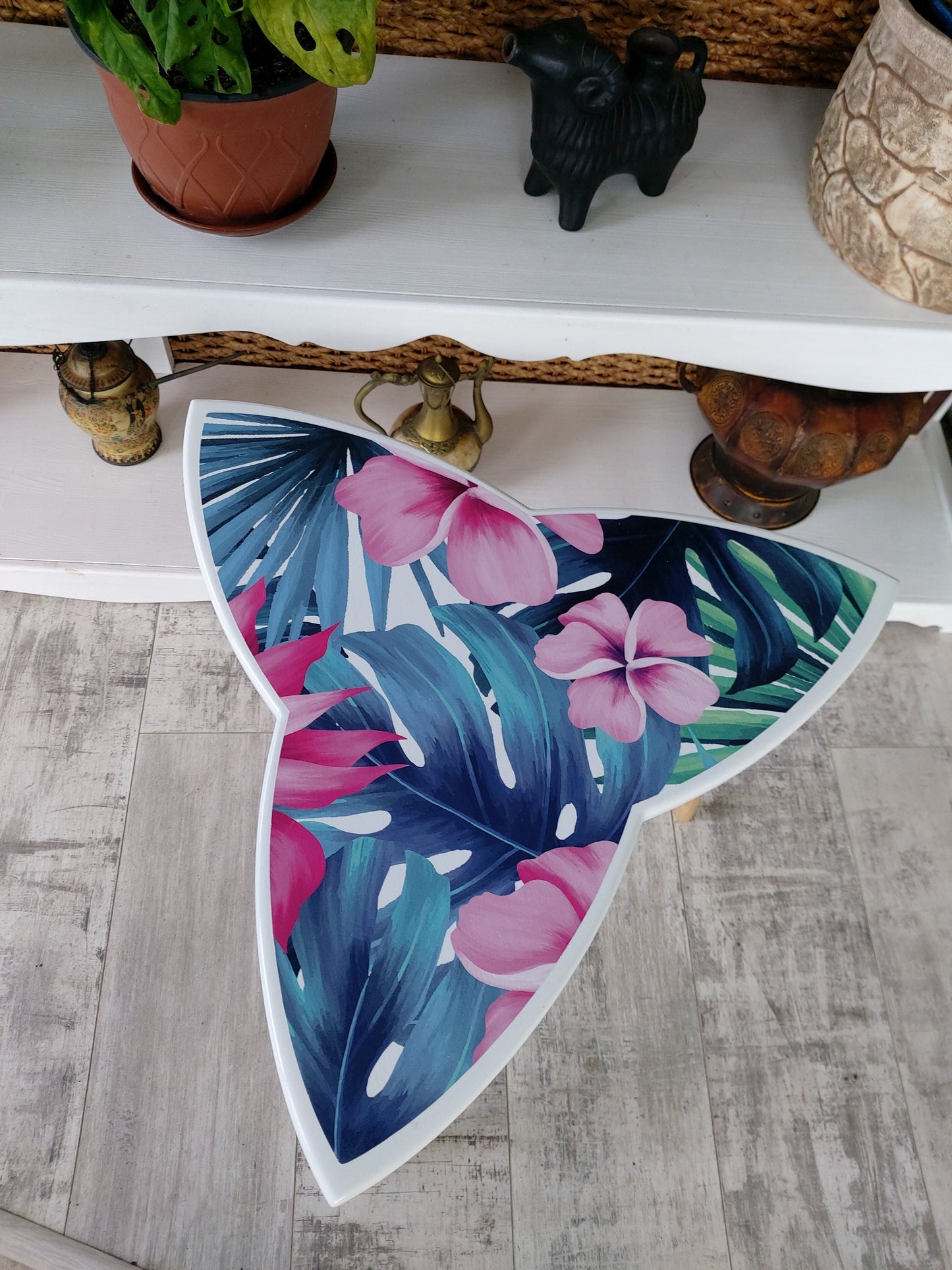 Tropical Wood Coffee Table with Palm Leaves and Pink Flowers Print