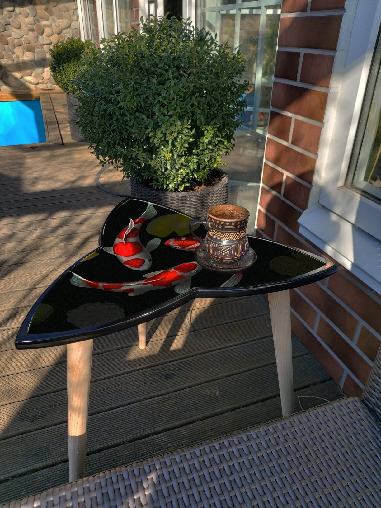 Surfboard Triangular Coffee Table with KOI Fish in Japan Style