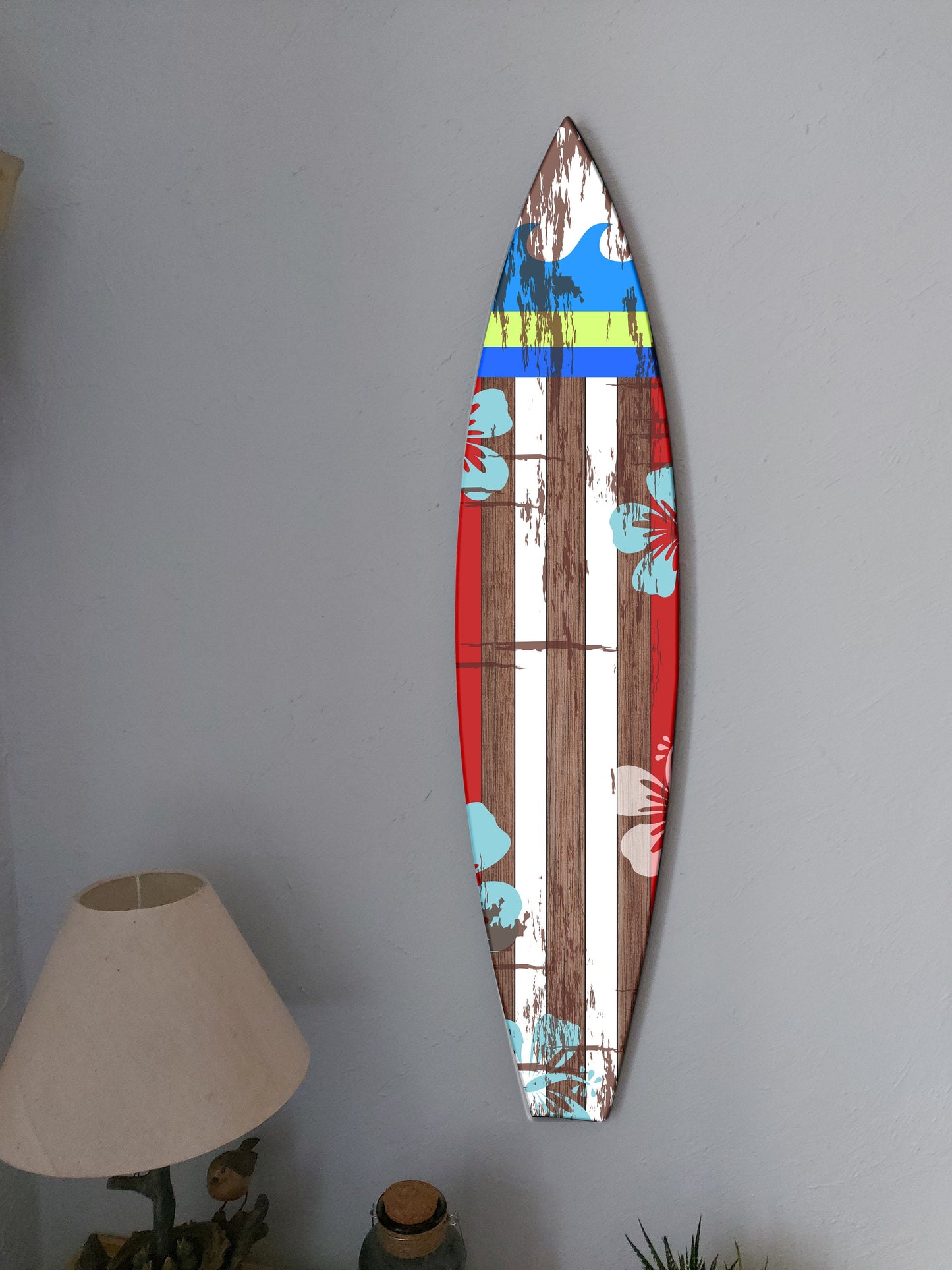 Decorative Wall Surfboard Sign: Surfing Inspired Vintage Wall Hanging in Blue, Brown, White, and Red