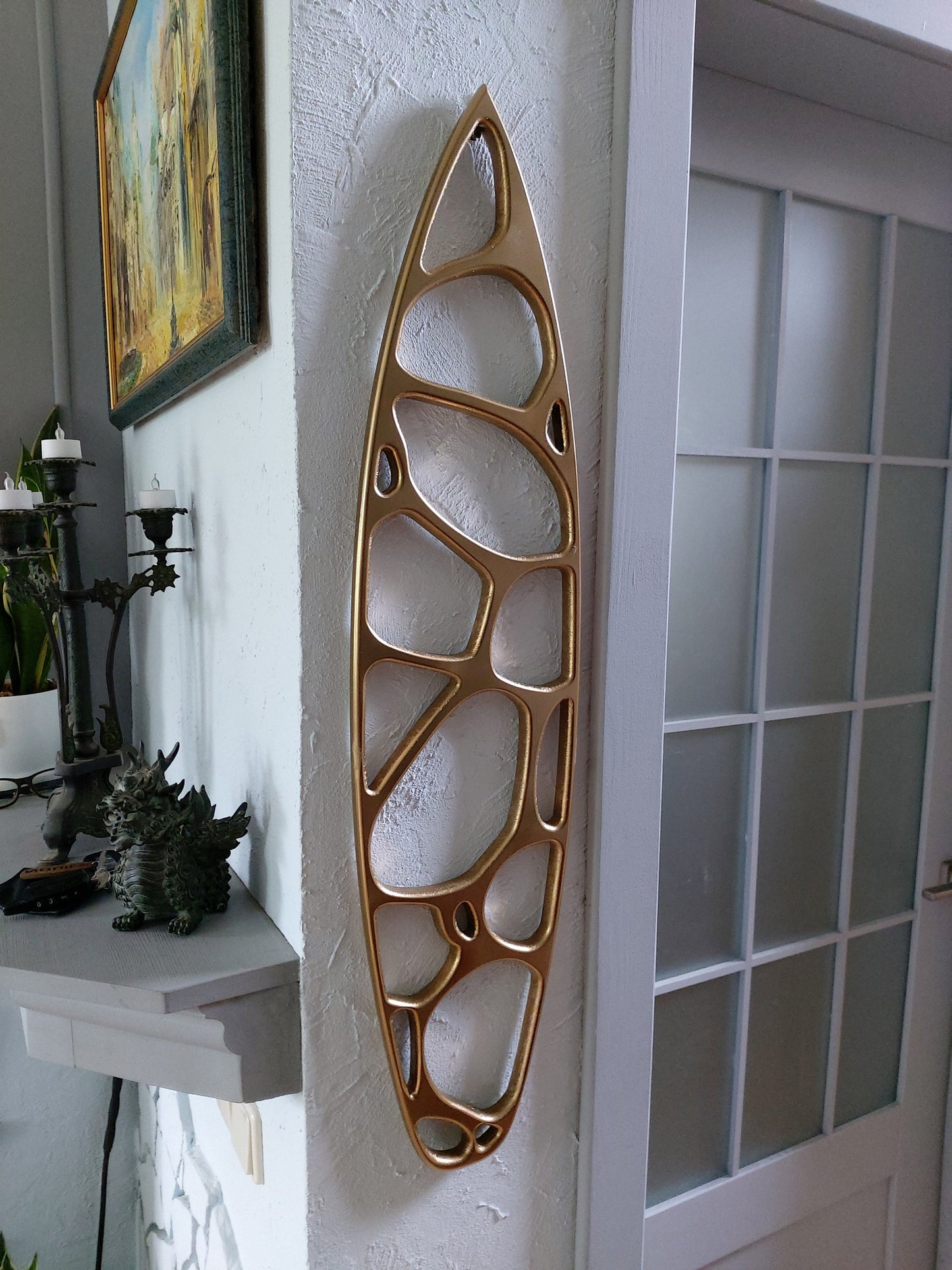 36" Golden Wooden Wall Hanging with Sea Ripples Effect Carving