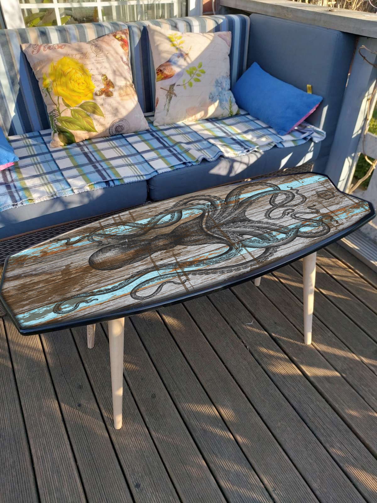 Handcrafted White Coffee Table with Blue Monstera Leaves Printhite