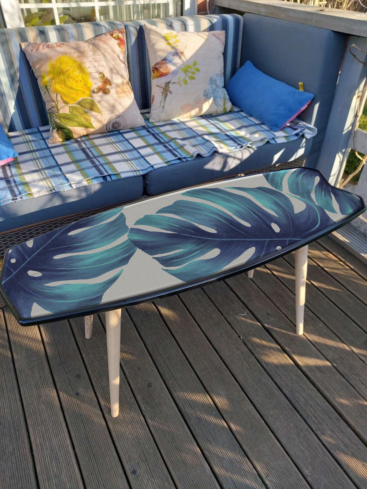 Handcrafted White Coffee Table with Blue Monstera Leaves Printhite