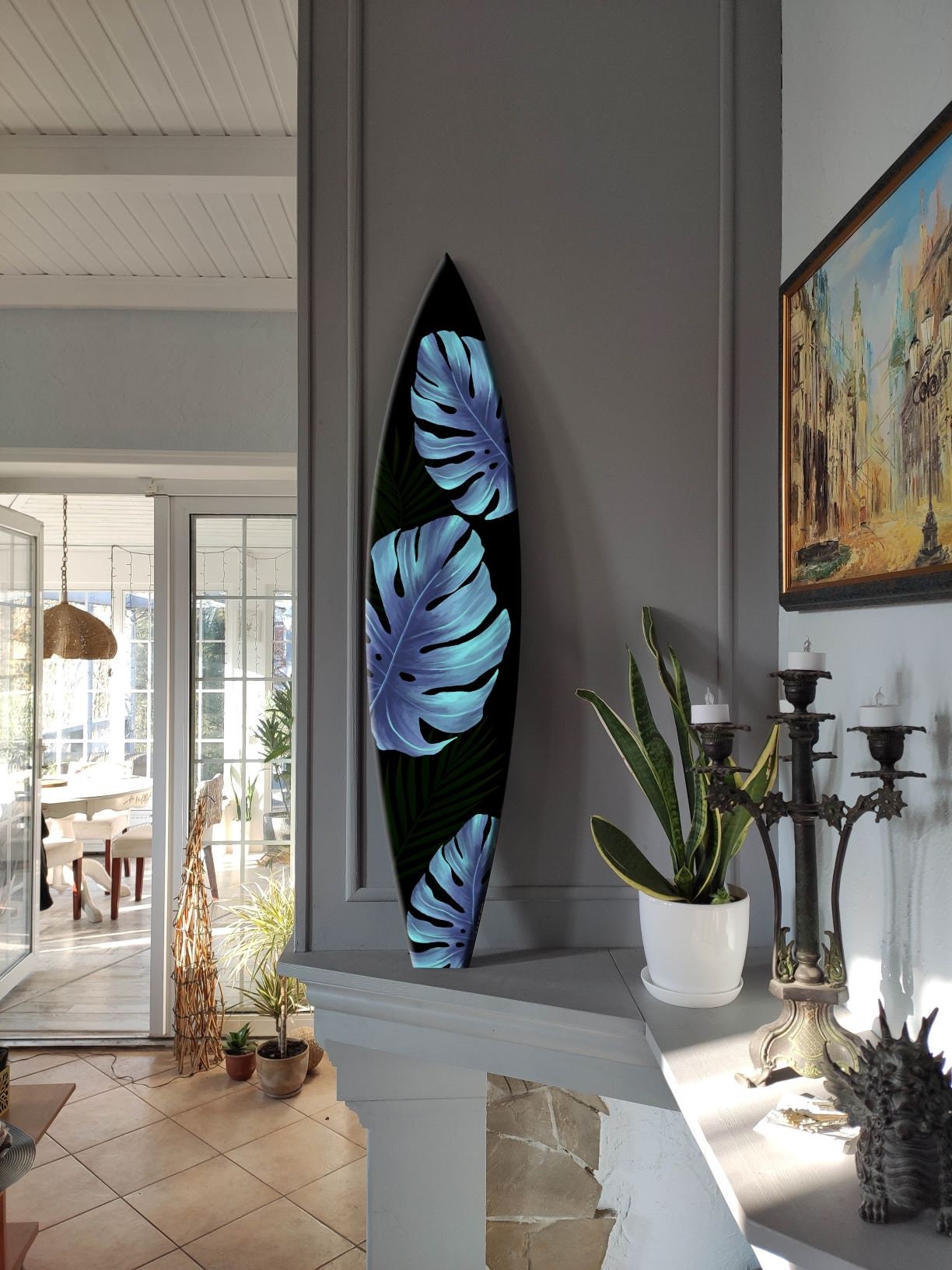 Handmade Decorative Wooden Surfboard with Monstera Leaves - Black & Blue for Tropical Beach Decor