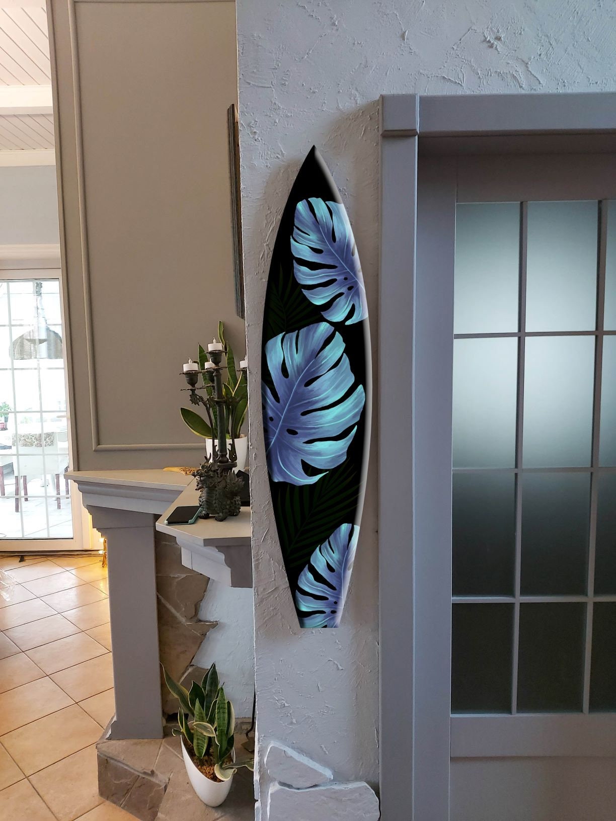 Handmade Decorative Wooden Surfboard with Monstera Leaves - Black & Blue for Tropical Beach Decor