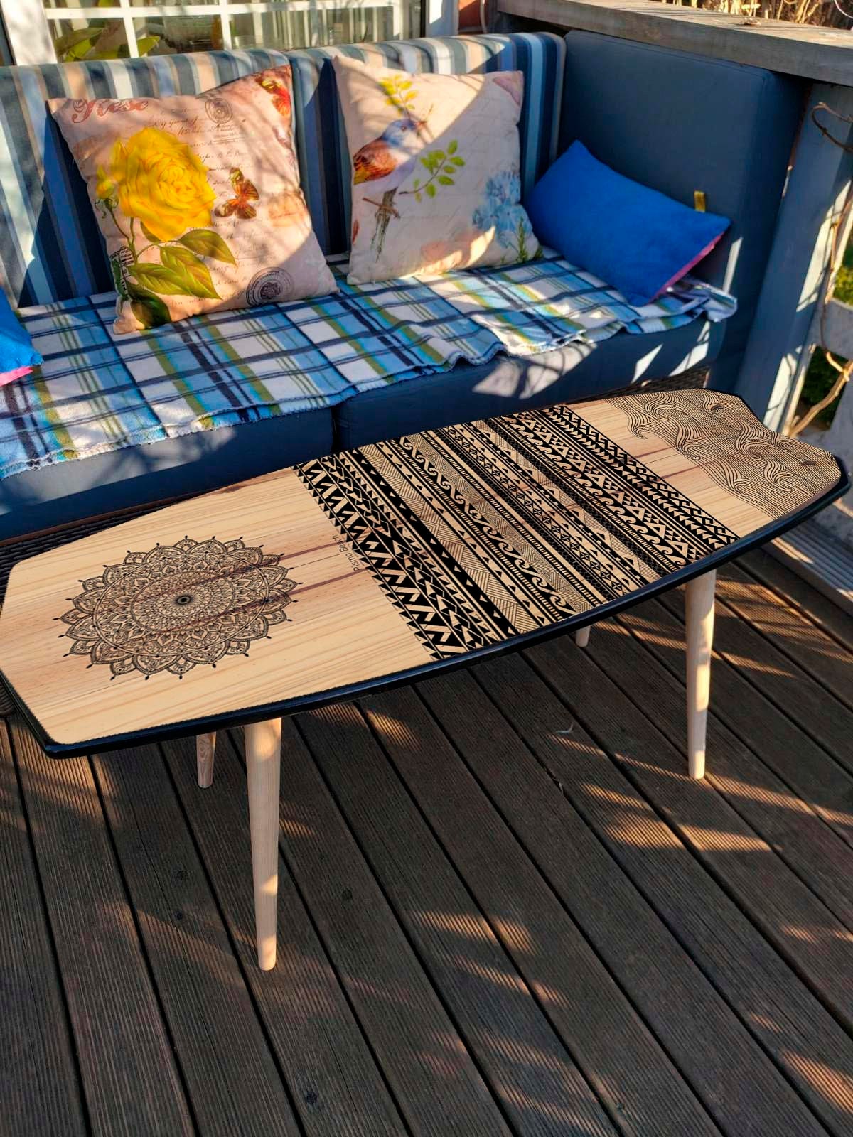 Fish Surfboard Asymmetric Coffee Table with Black Mandala Print