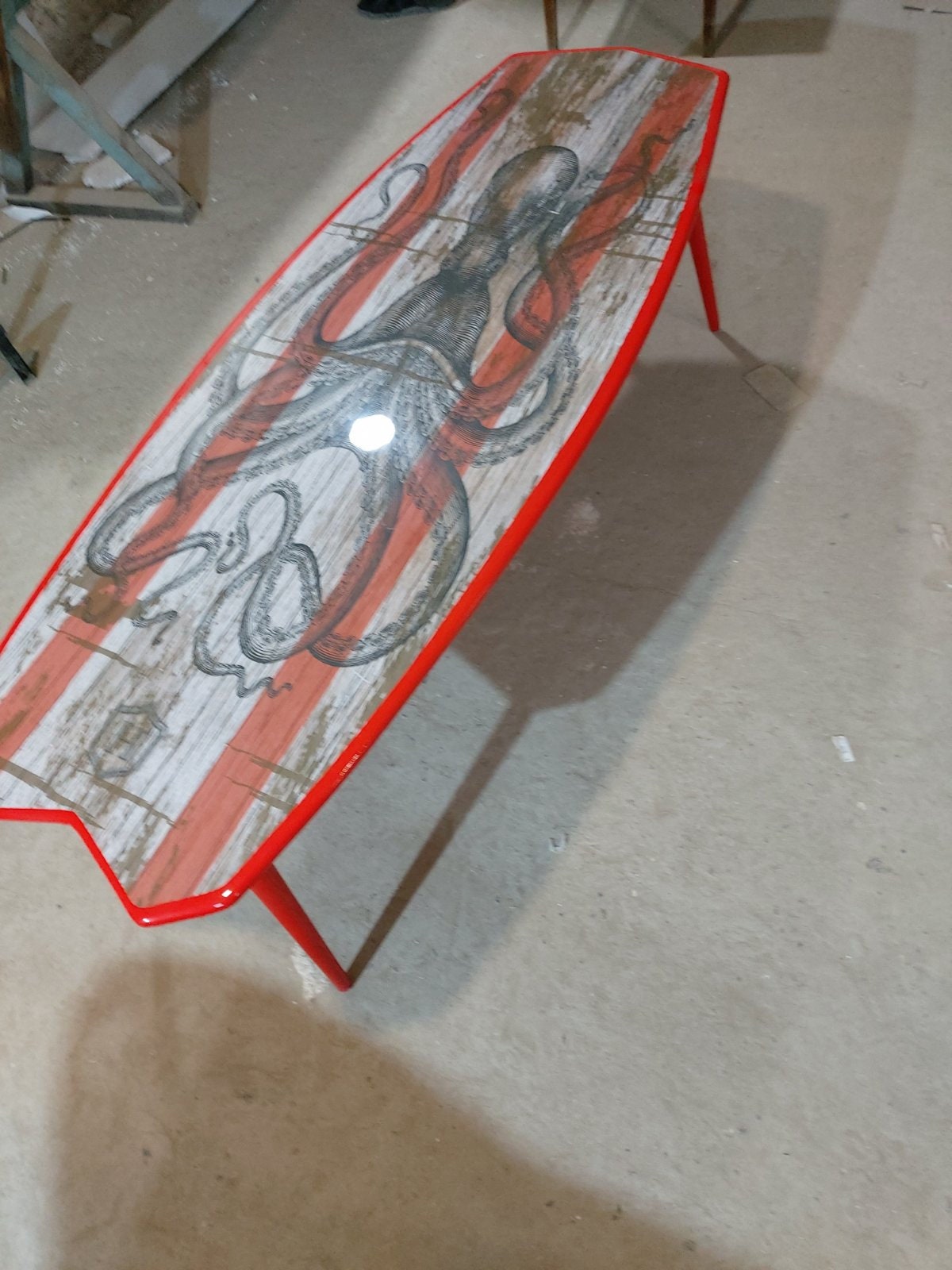 Handcrafted White and Red Octopus Print Low Coffee Table