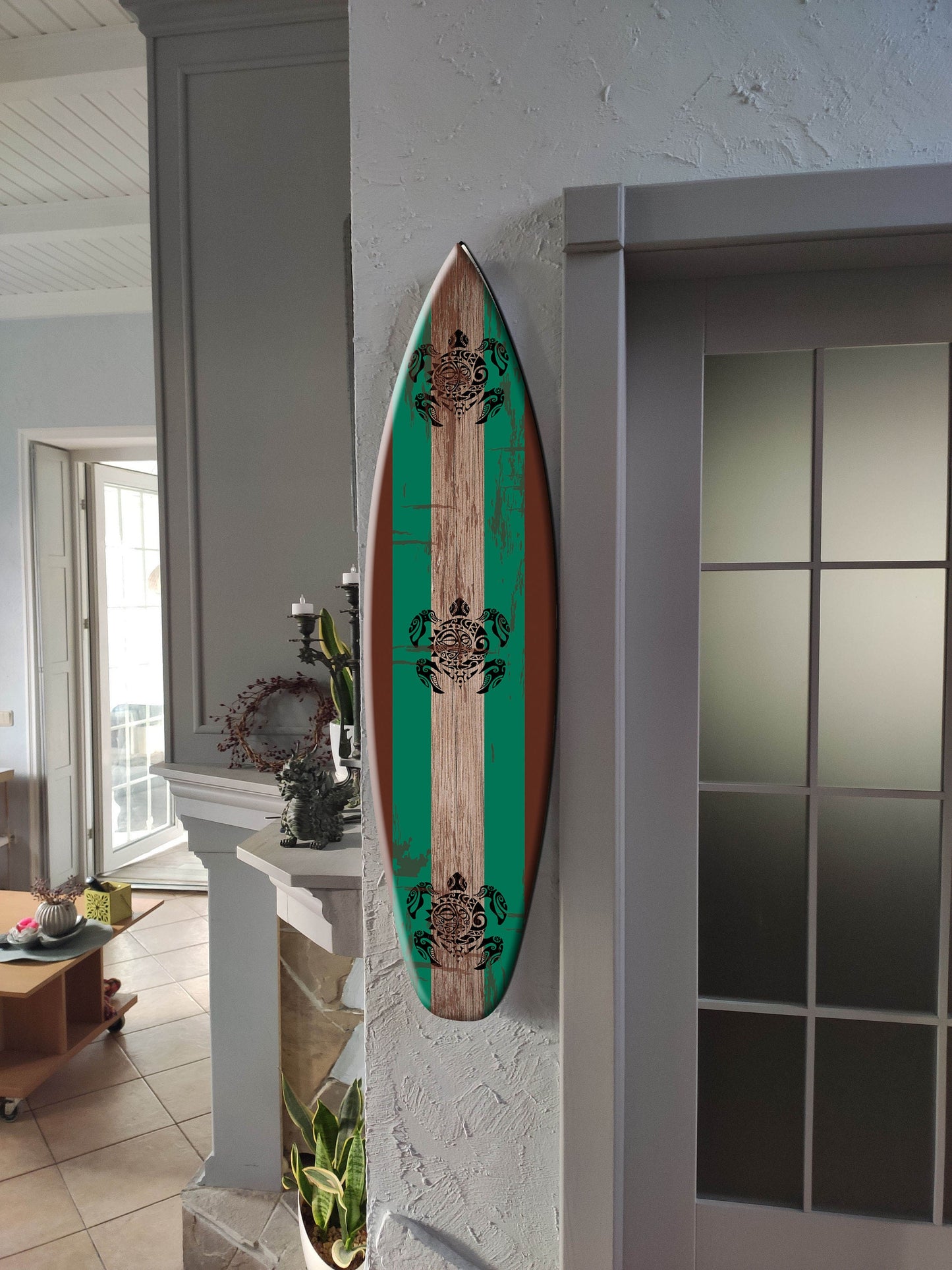 Interior Surfboard for Wall with Turtles Print: Driftwood Effect Wall Sign in Turquoise Decor