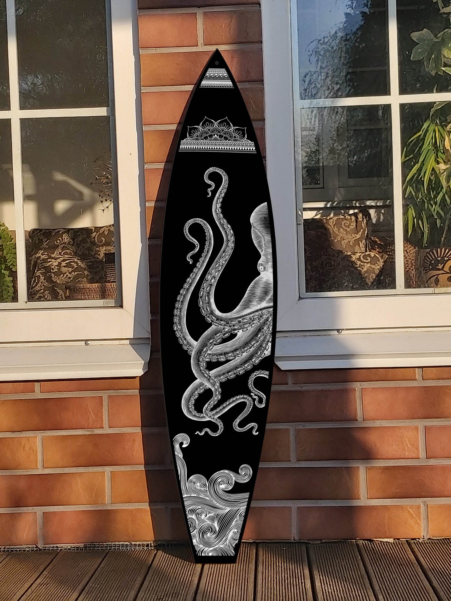 Surfboard Shaped Wall Hanging in Black with Realistic White Octopus Print