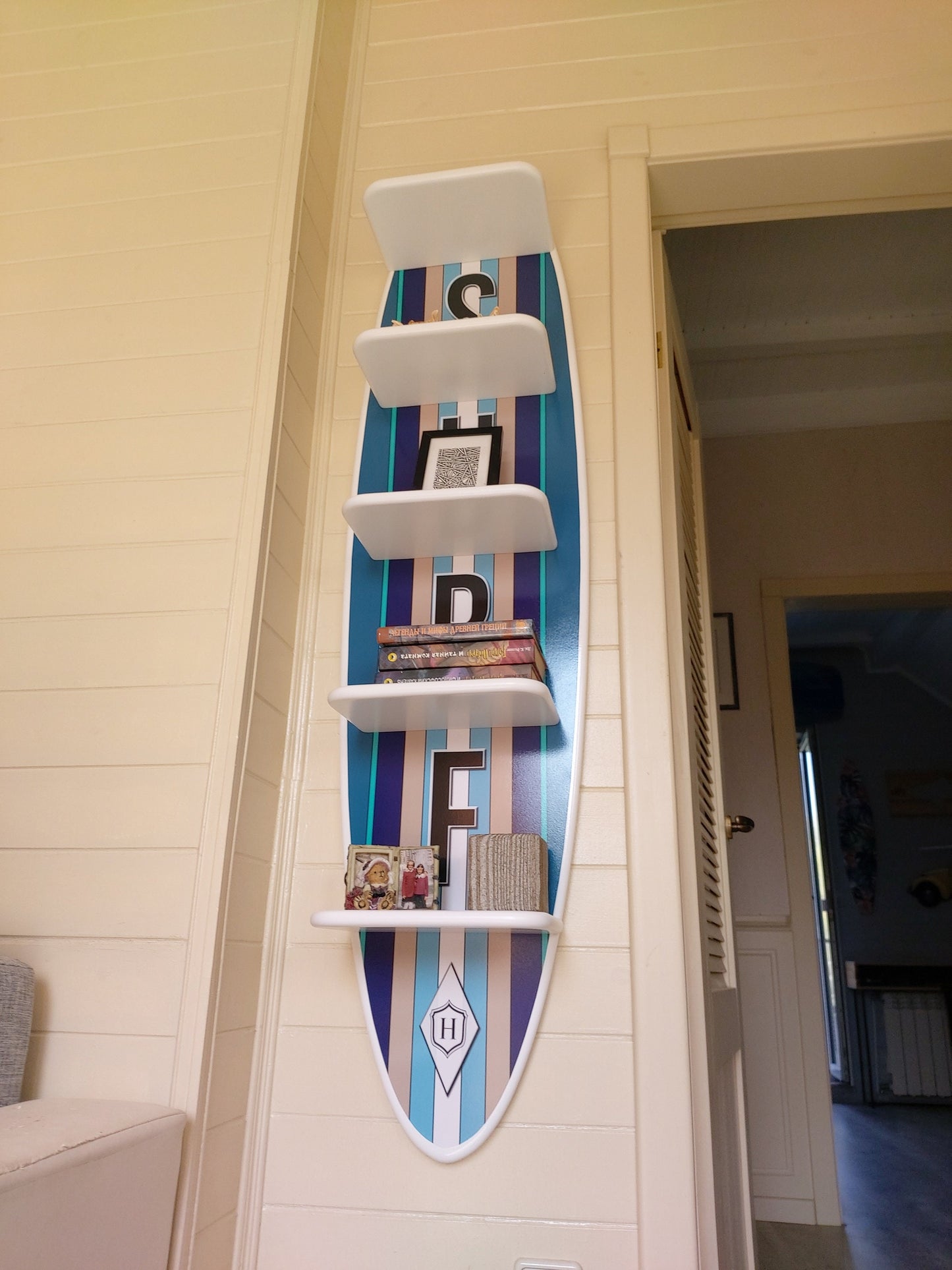 54” Surfboard Shaped Bookshelf in White, Blue Colours as Nautical Nursery Wall Decor