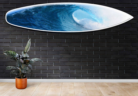 50' Decorative Wooden Surfboard Wall Hanging with Blue Ocean Wave Pattern