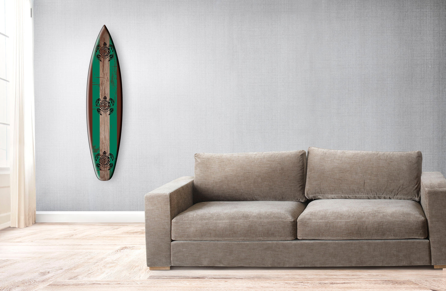 Interior Surfboard for Wall with Turtles Print: Driftwood Effect Wall Sign in Turquoise Decor
