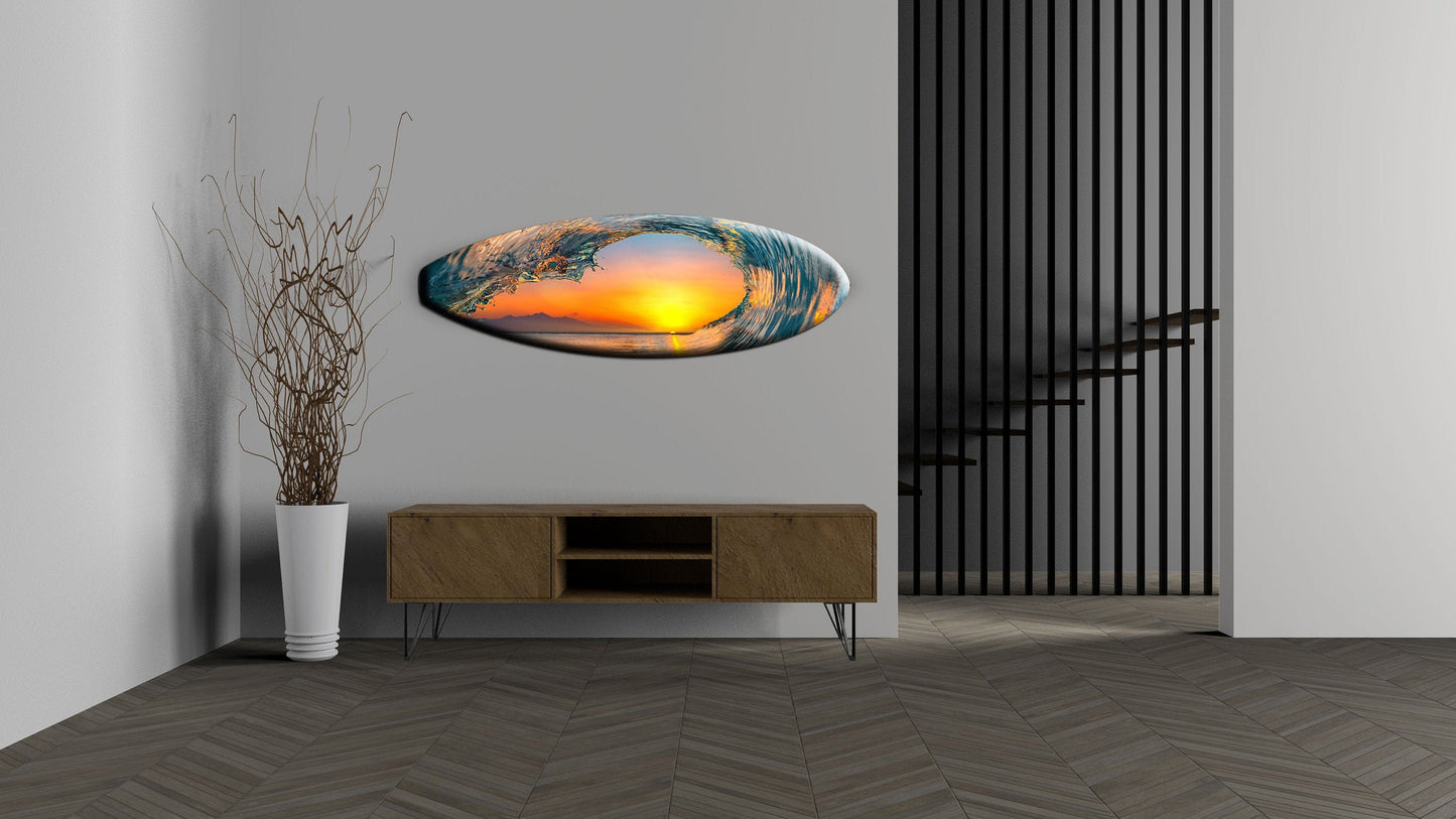 Vibrant Sunset Wave: Decorative Surfboard-Shaped Seascape Wall Hanging