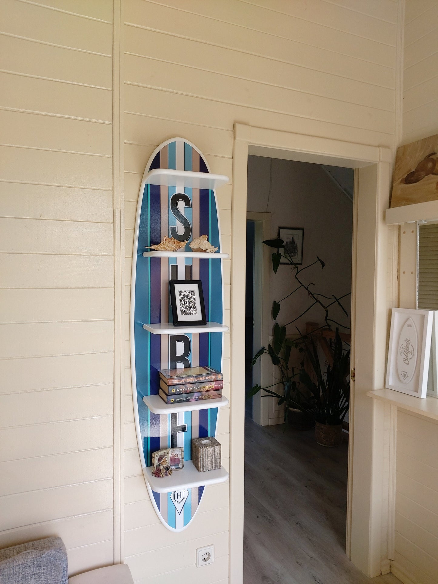 54” Surfboard Shaped Bookshelf in White, Blue Colours as Nautical Nursery Wall Decor